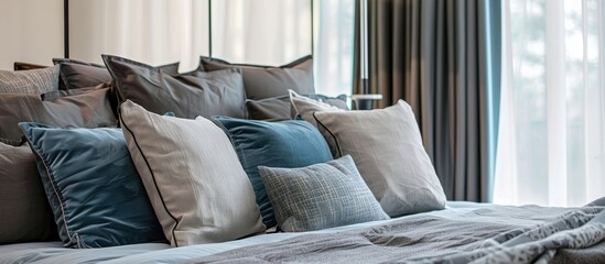 Canvas Print - Capture a detailed close-up of a bed embellished with a multitude of soft and decorative pillows