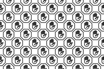 Poster - Seamless pattern completely filled with outlines of stop hand symbols. Elements are evenly spaced. Vector illustration on white background