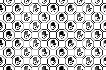 Poster - Seamless pattern completely filled with outlines of stop hand symbols. Elements are evenly spaced. Illustration on transparent background