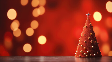 Miniature Christmas tree with blurred bokeh gold light background on wood table with copy space. Christmas, New Year, Valentine or Birthday celebration holiday concept.