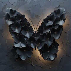 Wall Mural - Black butterfly made of paper flowers on a dark background. 3d rendering