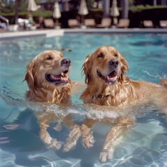 Wall Mural - Two dogs are swimming in a pool