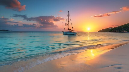 Poster - Sailboat at sunset on tranquil sea, serene seascape photography. Beautiful natural light, peaceful ocean scene, travel and leisure concept. AI