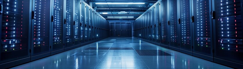 Poster - An advanced data facility features neatly organized server racks in a dimly lit environment, accentuated by vibrant LED lighting, highlighting the intricacies of information storage.