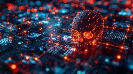 Poster - visual representation of a digital interface showcasing symbols for cybersecurity threats and warnin