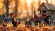 A rooster is standing in a field next to a tractor and a chicken coop. The scene is peaceful and serene, with the rooster looking out over the landscape