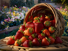 Fresh Garden Strawberries In Wicker Basket.