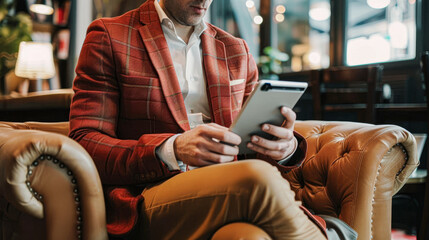 Wall Mural - A man in a red jacket is sitting on a leather couch and looking at a tablet. Concept of relaxation and leisure, as the man is comfortably seated and engaged in using his tablet