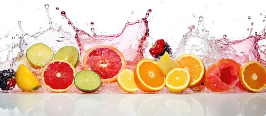 Wall Mural - An overhead view of different types of fresh fruits grouped together with water splashes captured in mid-air