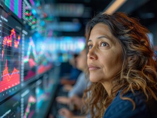 Poster - A knowledgeable data analyst with glasses points out critical metrics on an interactive dashboard, facilitating a collaborative discussion with team members in a modern office setting.