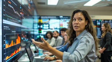 Poster - A knowledgeable data analyst with glasses points out critical metrics on an interactive dashboard, facilitating a collaborative discussion with team members in a modern office setting.