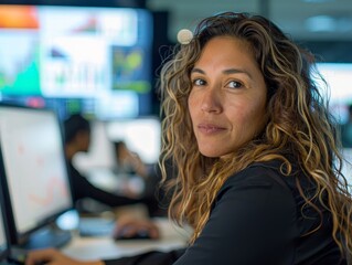 Poster - A knowledgeable data analyst with glasses points out critical metrics on an interactive dashboard, facilitating a collaborative discussion with team members in a modern office setting.