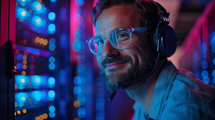 An IT specialist with headphones is smiling while working inside a neon-lit server room, surrounded by sophisticated computer networking equipment.