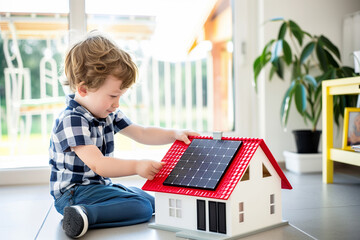 Cute boy placing small solar panel on the roof of miniature house model and sitting on floor in the living room. Renewable energy and learning concepts.