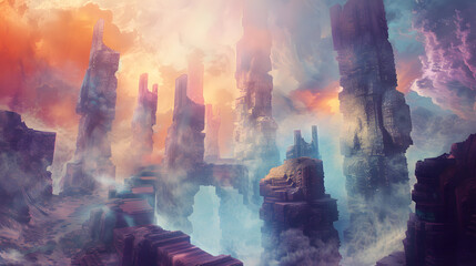Poster - Monolithic Structures Rising From Abstract Background In Modern Style