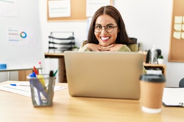 Sticker - Young beautiful hispanic woman business worker using laptop working at office