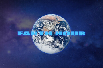 Canvas Print - Earth planet in outer space with sign EARTH HOUR. Save the environment. Elements of this image furnished by NASA.