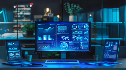 Poster - business data statistics analysis display on laptop, data management system software technology, digital data info graphics 