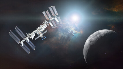 Wall Mural - iss in outer space with nebula on moon background. elements of this image furnished by nasa.