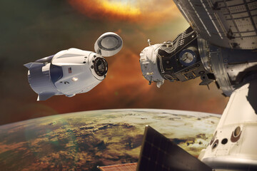 Wall Mural - cargo spacecraft in low-earth orbit with sunlight. elements of this image furnished by nasa.