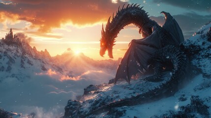 Wall Mural - A dragon stand resting on top of a mountain at sunrise with its wings folded.