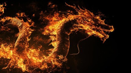 Wall Mural - A dragon made from fire and lights over black background.