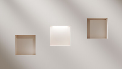 Poster - Abstract blank plaster wall with places of geometrical form for products and design, spotlight Led light, empty podium stage table and display, white-cream pastel abstract background 3d design, ad