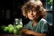 Side, view, boy, eat, green, fresh, apple, isolated, white, bottom, generative IA