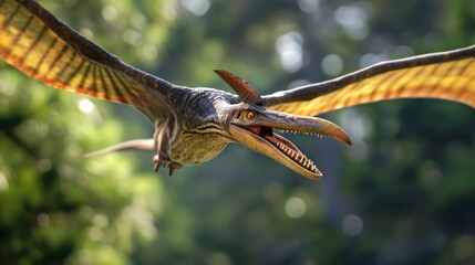 Wall Mural - flying dinosaur, pterodactyl, flying high in sky in prehistoric environment. photorealistic.