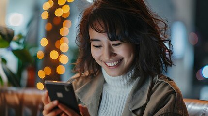 Sticker - a 25 year old woman looks at her smartphone and smiles