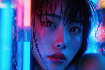 Wall Mural - Cinematic night portrait of girl and neon lights  Cinematic night portrait of girl and neon lights