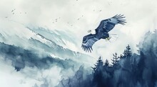 A Bald Eagle Flying Over Foggy Forest Mountain In Sky In Wild. Watercolor Painting.