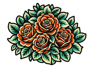 Wall Mural - Mexico mexican roses for festival Cinco de mayo. Retro old school roses for chicano tattoo. Artistic illustration of fiery orange and red roses with stylized leaves against