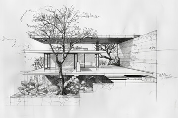 Wall Mural - Illustration of architecture hospitality commercial project. AI Generative sketch of hotel in exterior front view perspective of residential villa area.
