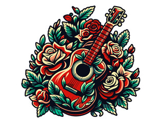 Wall Mural - Mexican festival Cinco de mayo. Vibrant illustration of a guitar surrounded by roses, perfect for music and art themes