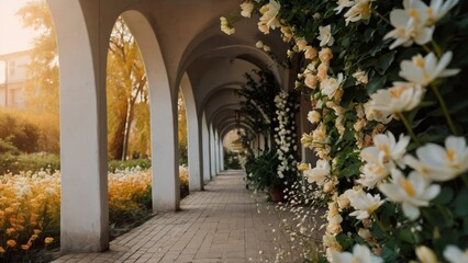 Wall Mural - an archway filled with white flowers, in the style of bokeh panorama, light orange and light gold, wedding backdrop, wedding photography