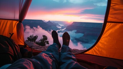 Wall Mural - View from a camping tent the rugged land with majestic view.