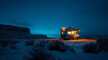 Wall Mural - rv truck in snow field in winter in rugged land.