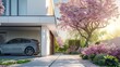 3D rendering of a modern, cozy house in the garden with garage. A fresh spring day with blossoming trees. For sale or rent with sakura blooms in the backdrop.