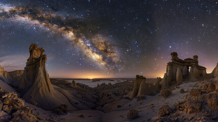 Wall Mural - Night sky full of stars over a calm desert landscape, clear visibility of the Milky Way, unique rock formations in the foreground, mysterious and infinite, astrophotography style