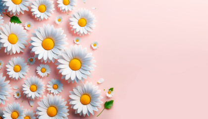 Poster - Daisy flowers with shadows on pink backdrop, light, photorealistic presentation. Generative AI