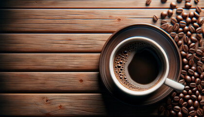 Poster - Closeup of a coffee cup on a wooden surface, high-resolution with subtle indoor lighting. Generative AI