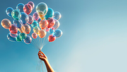 Poster - Hand releasing shiny balloons into the dusk sky, conveying joy and release. Generative AI