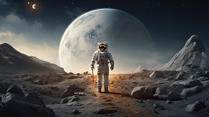 Wall Mural - space exploration concept, man in spacesuit walking on the moon with spacecraft behind him,
