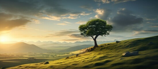 Sticker - A single tree standing alone on a hill, illuminated by the warm colors of the sunset sky in the background