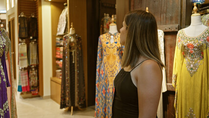 A brunette woman admires traditional clothing at a vibrant souk madinat jumeirah in dubai.