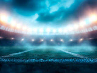 Poster - Majestic football stadium under a surreal sky with radiant light effects and a dreamy atmosphere. Generative AI