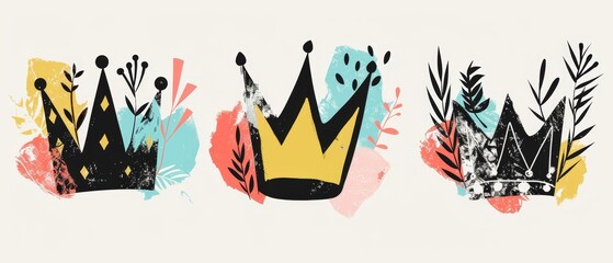 Wall Mural - A set of black and white collage crowns with colorful doodle arrows in a punk style with halftone effects. King and Queen. Modern illustration on transparent background.