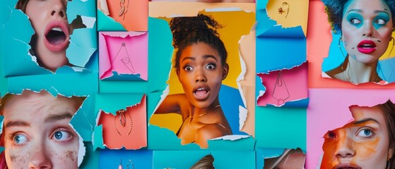 A collection of cropped portraits of different surprised people against a multicolored neon light background in neon light. Flyer, collage of models. A concept of emotions, expressions, sales, and