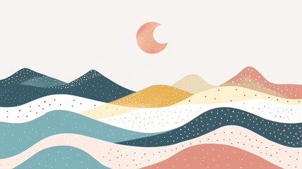 Wall Mural - This abstract contemporary aesthetic background landscape set with the sun, moon, sea, and mountains features earth tones and pastel colors. This is a mid century modern minimalist art print